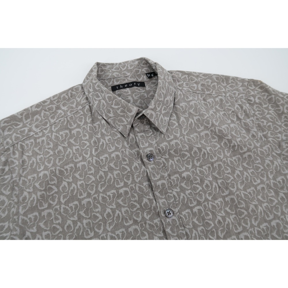 Theory Mens Small Zack Short Sleeve Button Front Cotton Shirt Gray Floral Print